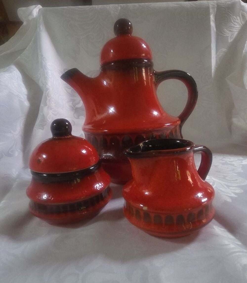 Vintage Mid-Century Modern West German Ceramic Coffee Set with Drip Glaze in Red